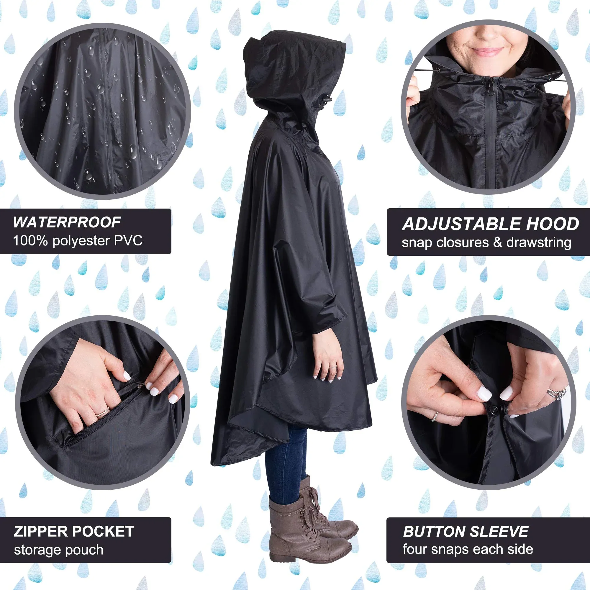 "Heavy Duty Rain Poncho for Backpacking - Waterproof Lightweight for Adults, Military, Emergency - Camping, Men, Women - One Size Black" - Image 2